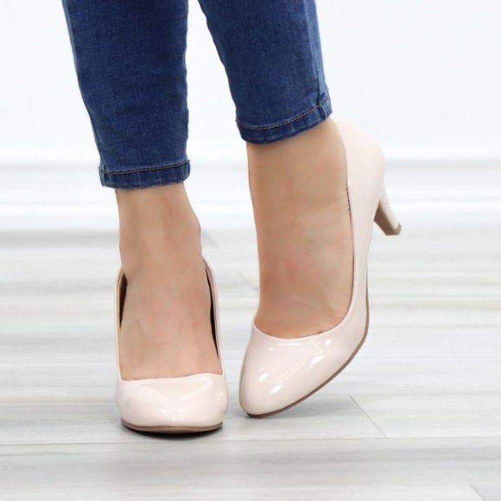 Nude Paten Round Toe Kitten Low Heels Pumps - Picture 4 of 11